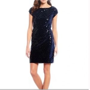 Eliza J Blue Geometric Sequin & Velvet Sheath Cocktail Mini Dress